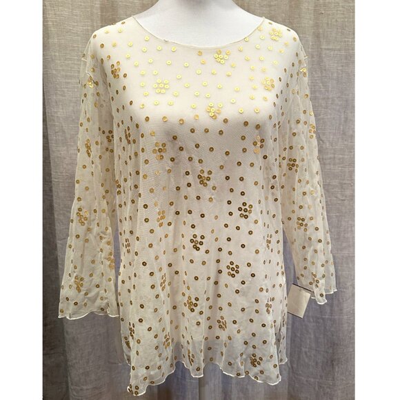 Sheer Ivory Top Embroidered with Gold Sequins Loose-Fitting & Flowing XS - Picture 4 of 10